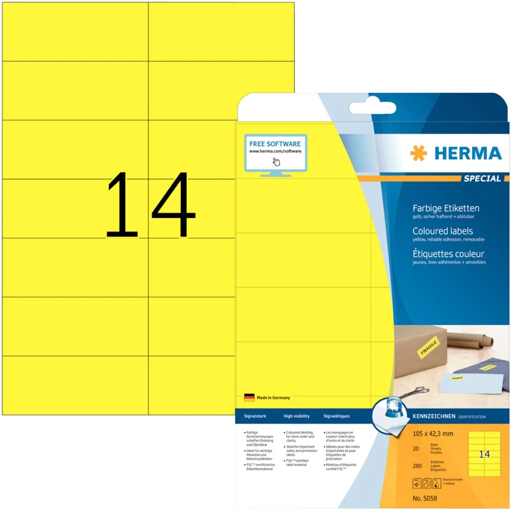 HERMA Universal-Etiketten SPECIAL, 105 x 42,3 mm, gelb (EAN: 4008705050586)