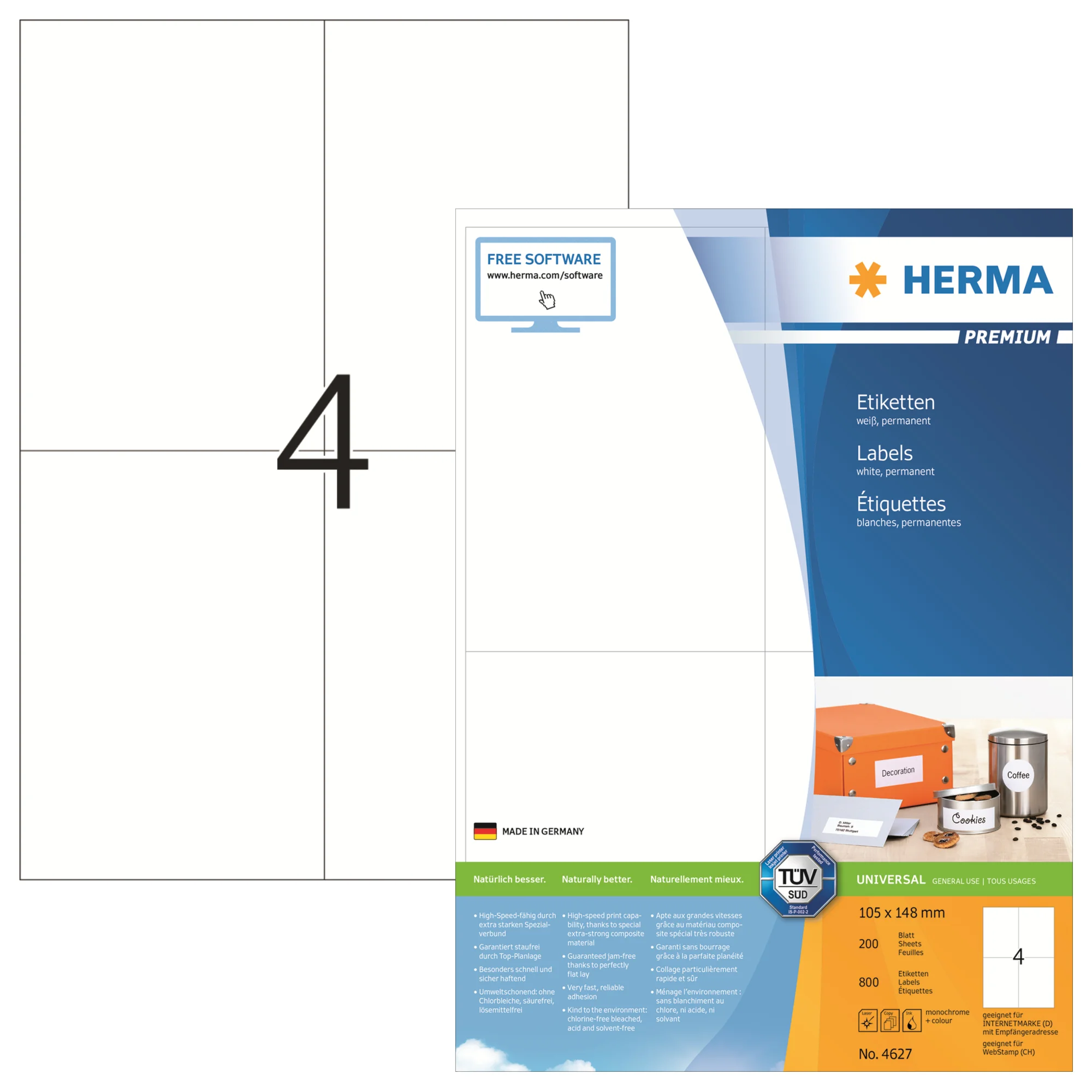 HERMA Universal-Etiketten PREMIUM, 105 x 148 mm, weiß (EAN: 4008705046275)