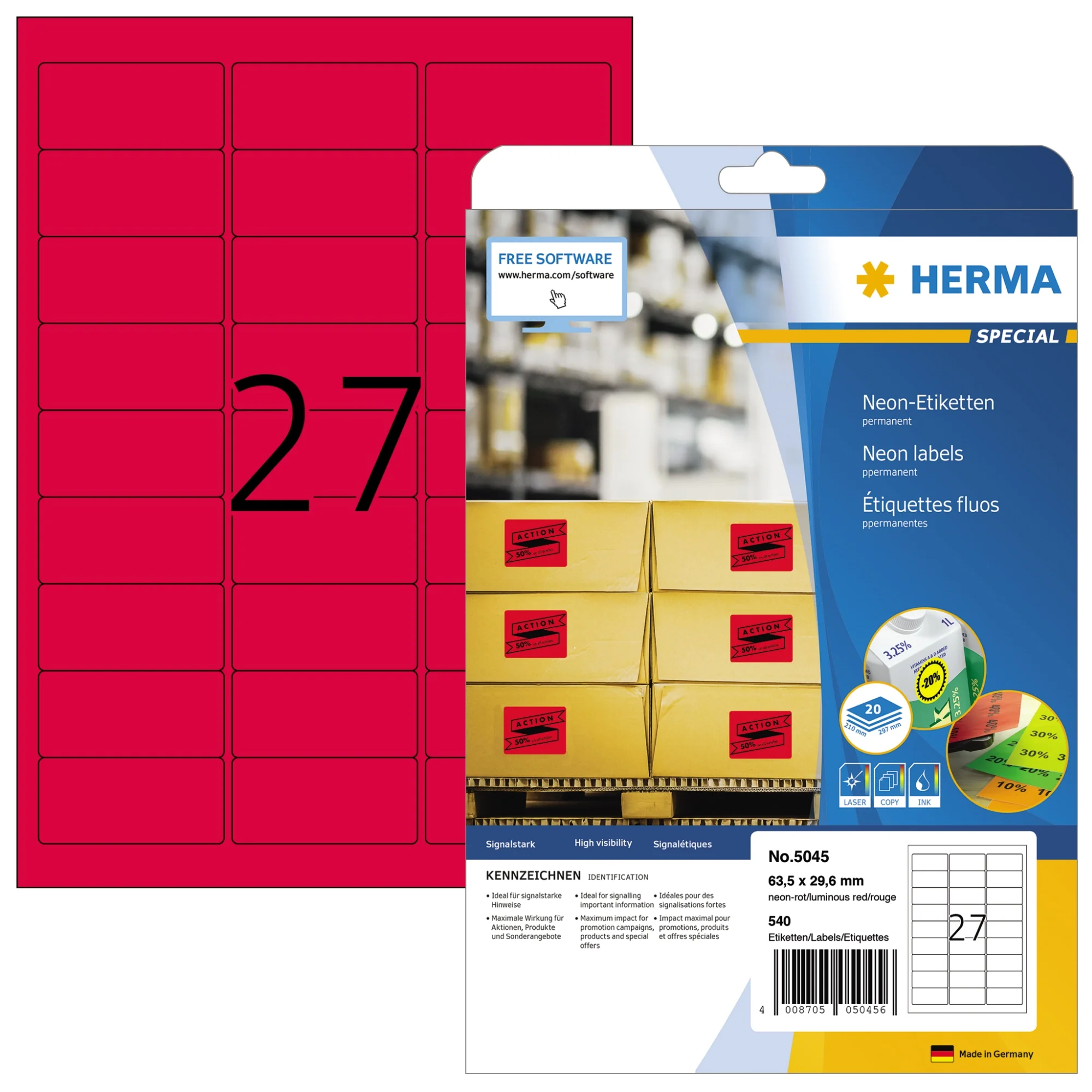 HERMA Universal-Etiketten SPECIAL, 63,5 x 29,6 mm, neon-rot (EAN: 4008705050456)