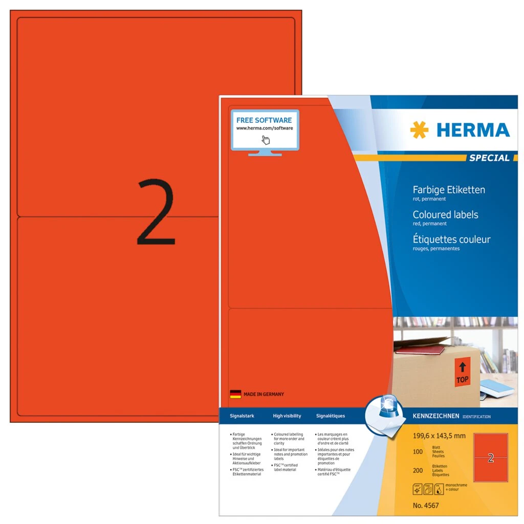 HERMA Universal-Etiketten SPECIAL, 199,6 x 143,5 mm, rot (EAN: 4008705045674)