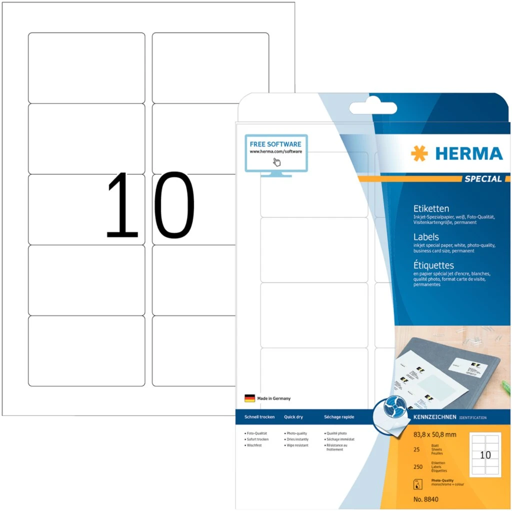 HERMA Inkjet-Etiketten SPECIAL, 83,8 x 50,8 mm, weiß (EAN: 4008705088404)