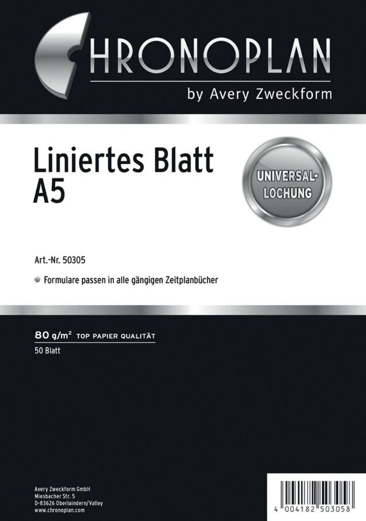 CHRONOPLAN Liniertes Blatt, DIN A5, 80 g/qm, 50 Blatt (EAN: 4004182503058)