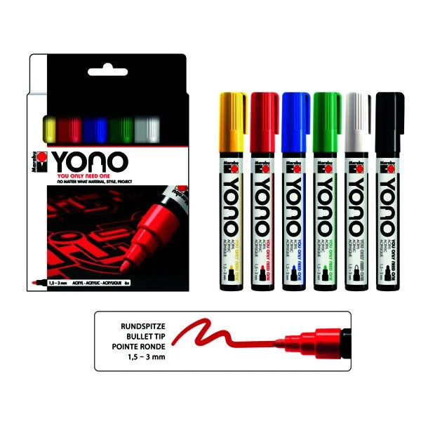 Marabu Acrylmarker "YONO", 1,5 - 3,0 mm, 6er Set, gelb, kirsche, dunkelblau, saftgrün, weiß und schwarz (EAN: 4007751848772)