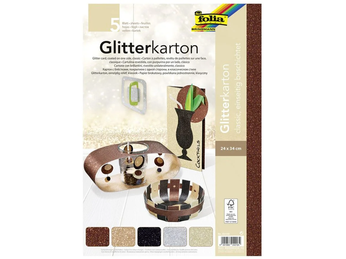 folia Glitterkarton "Classic", 240 x 340 mm, 300 g/qm, schokobraun, hellbraun, schwarz, silber, hellgold (EAN: 4001868042184)
