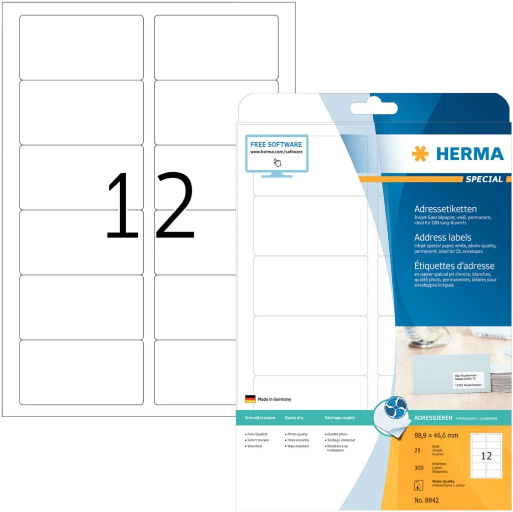 HERMA Inkjet-Etiketten SPECIAL, 88,9 x 46,6 mm, weiß (EAN: 4008705088428)