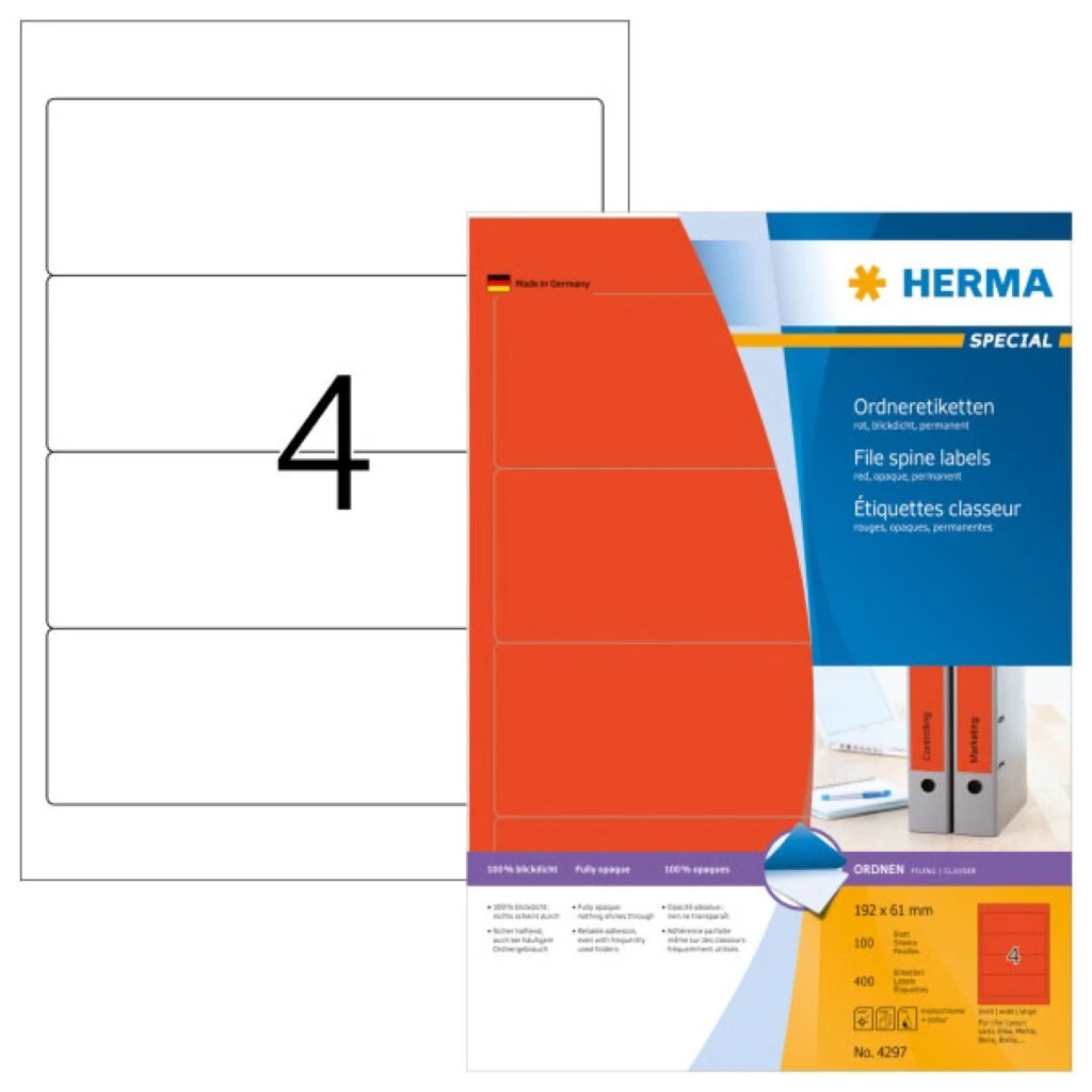 HERMA Ordnerrücken-Etiketten SPECIAL, 192,0 x 61,0 mm, rot (EAN: 4008705042970)