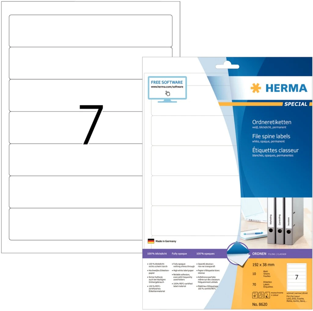 HERMA Ordnerrücken-Etiketten SPECIAL, 192 x 38 mm, weiß (EAN: 4008705086202)