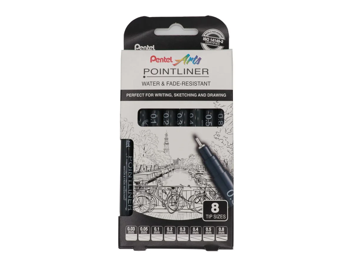 PentelArts Permanent Fineliner Pointliner, 8er Set, schwarz (EAN: 0884851065629)