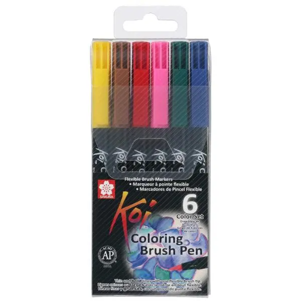 SAKURA Pinselstift Koi Coloring Brush, 6er Etui, Grundfarben, gelb, braun, rot, rosa, grün und blau (EAN: 0084511316799)
