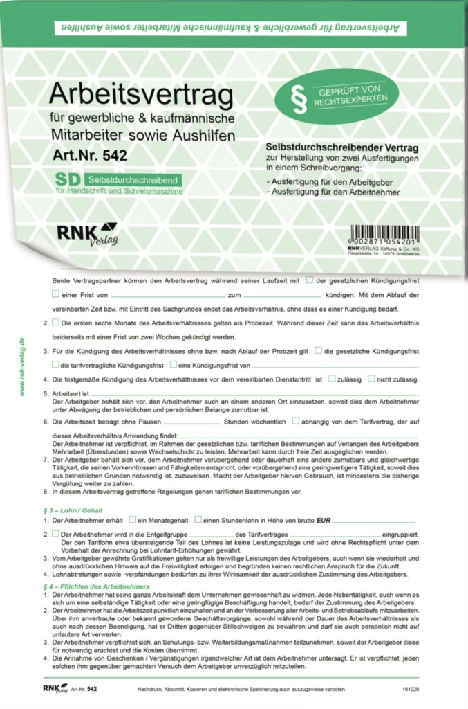 RNK Verlag Vordruck Arbeitsvertrag gewerblich/kaufmännisch (EAN: 4002871054218)