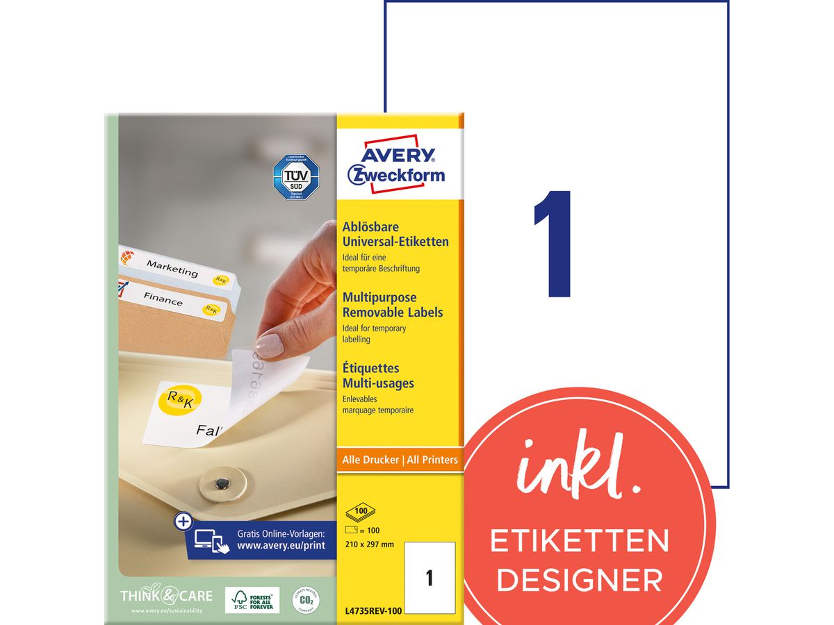 AVERY Zweckform Universal-Etiketten, 210 x 297 mm, weiß (EAN: 4004182433331)