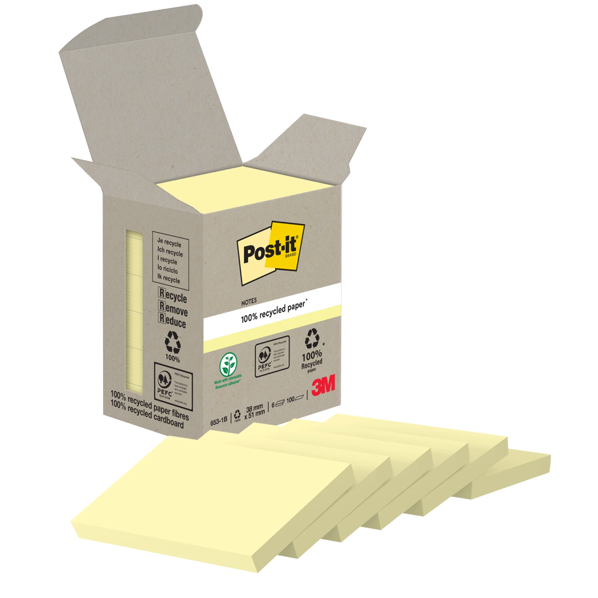 Post-it Haftnotizen Recycling notes, 51 x 38 mm, gelb (EAN: 4054596723078)