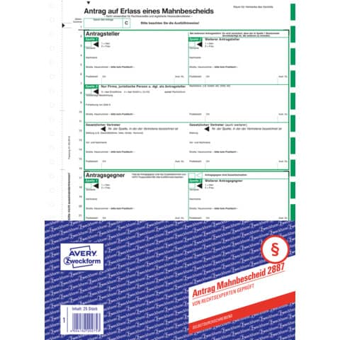 AVERY Zweckform Vordruck "Antrag auf Mahnbescheid", A4 (EAN: 4004182028872)