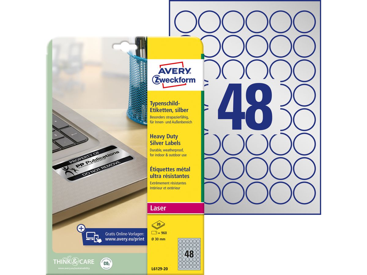 AVERY Zweckform Typenschild-Etiketten, Durchm.: 30mm, silber (EAN: 4004182048382)