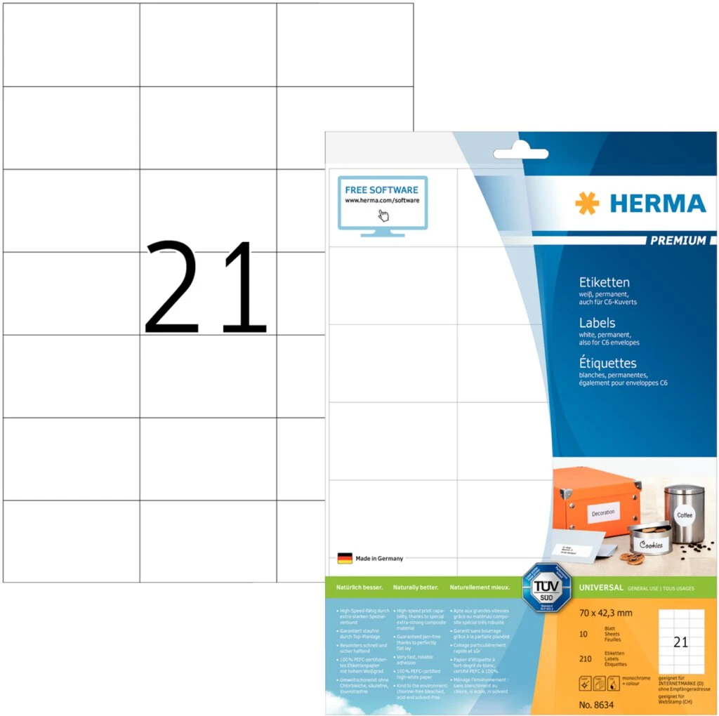 HERMA Universal-Etiketten PREMIUM, 70 x 42,3 mm, weiß (EAN: 4008705086349)
