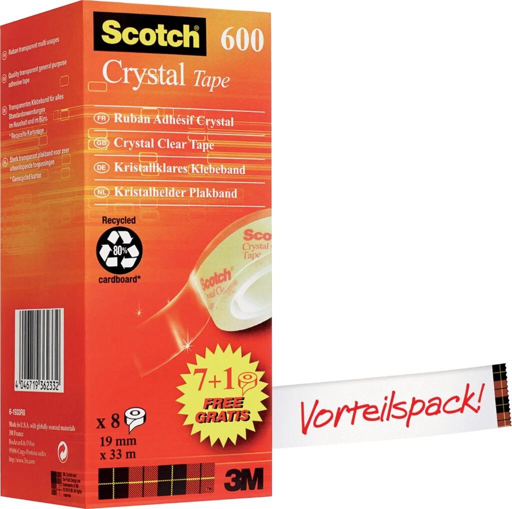 Scotch Klebefilm Crystal Clear 600, 19 mm x 33 m, 7+1 (EAN: 4046719362332)