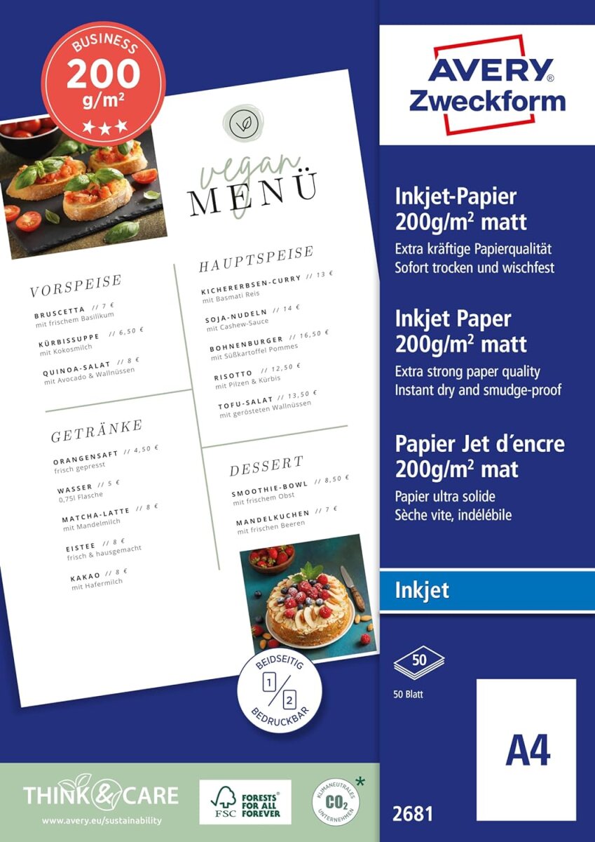 AVERY Zweckform Inkjet Papier BUSINESS, DIN A4, 200 g/qm (EAN: 4004182064337)