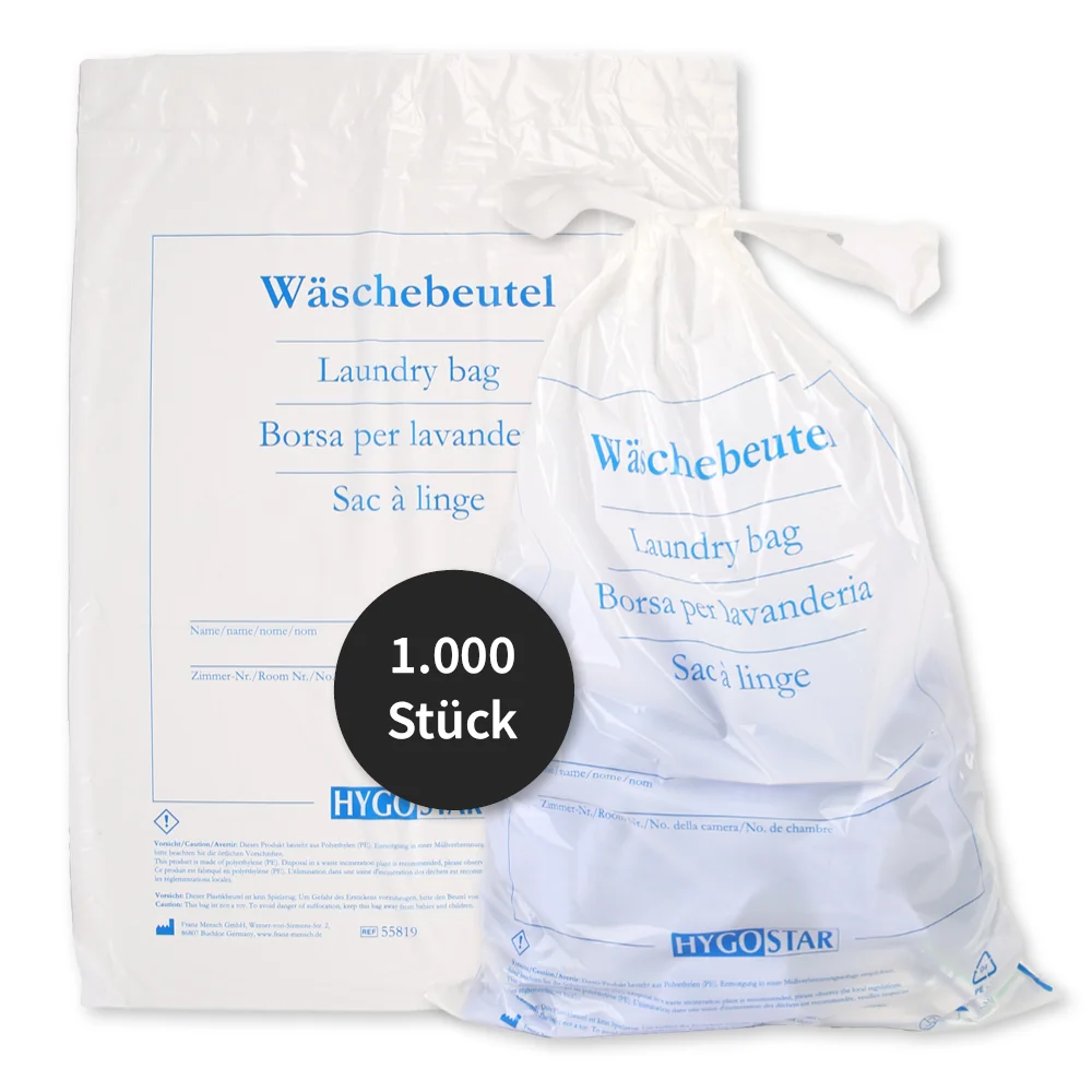 HYGOSTAR Wäschebeutel CLASSIC, PE-Folie, 540 x 380 mm, weiß mit blauem Aufdruck (EAN: 4015544558197)
