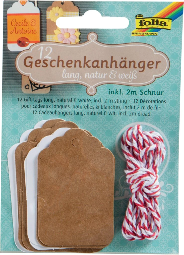 folia Geschenkanhänger lang, natur & weiß, inkl. Schnur (EAN: 4001868073737)
