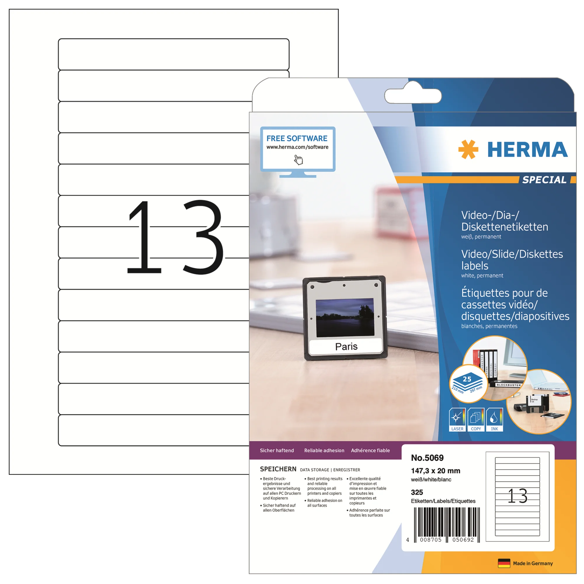 HERMA Video-Etiketten SPECIAL, 147,3 x 20 mm, weiß (EAN: 4008705050692)