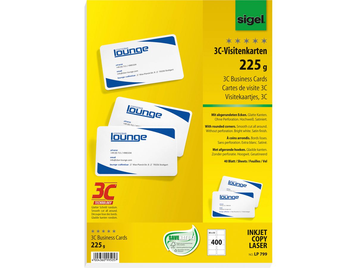 sigel PC-Visitenkarten, 85 x 55 mm, 225 g/qm, hochweiß (EAN: 4004360995057)