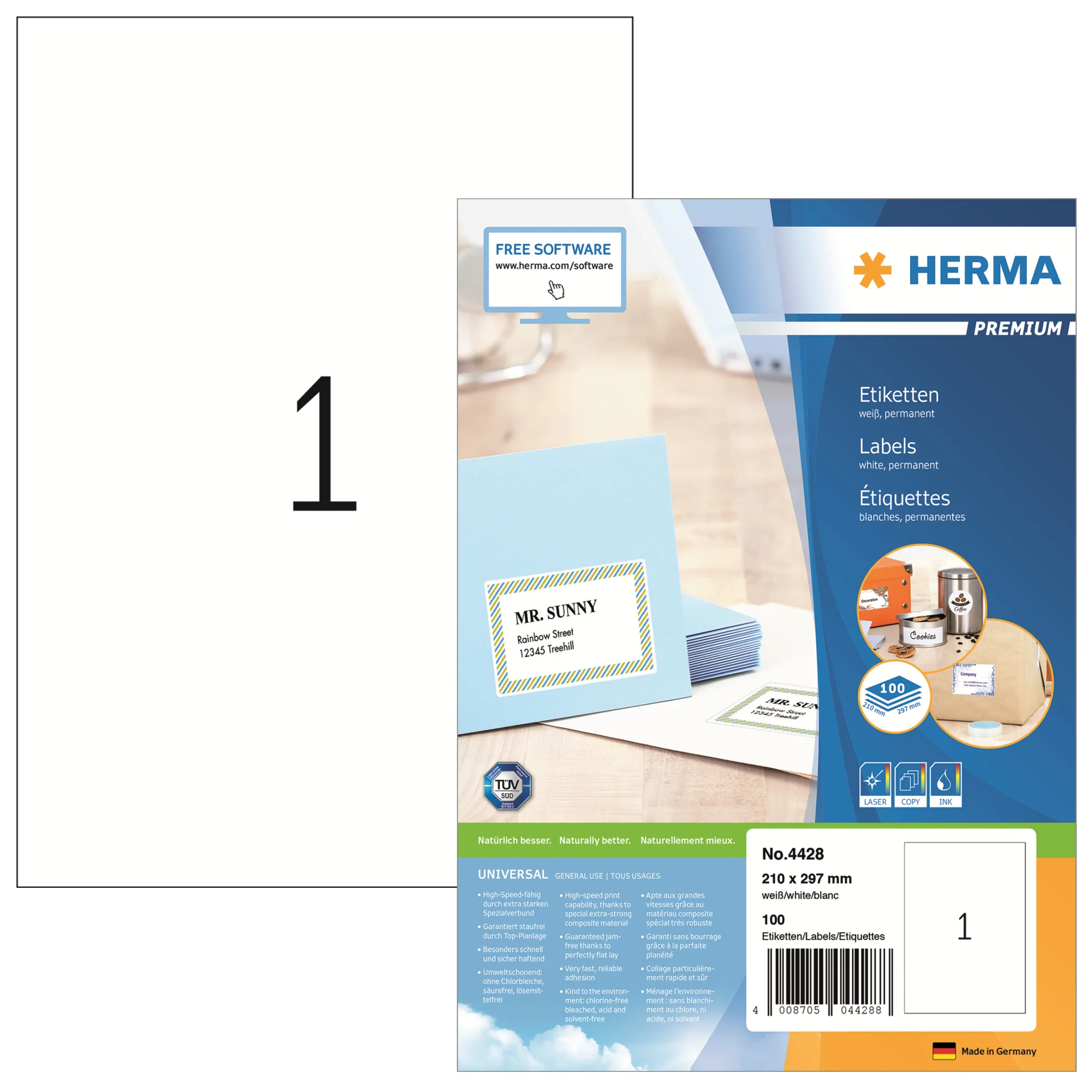 HERMA Universal-Etiketten PREMIUM, 210 x 297 mm, weiß (EAN: 4008705044288)
