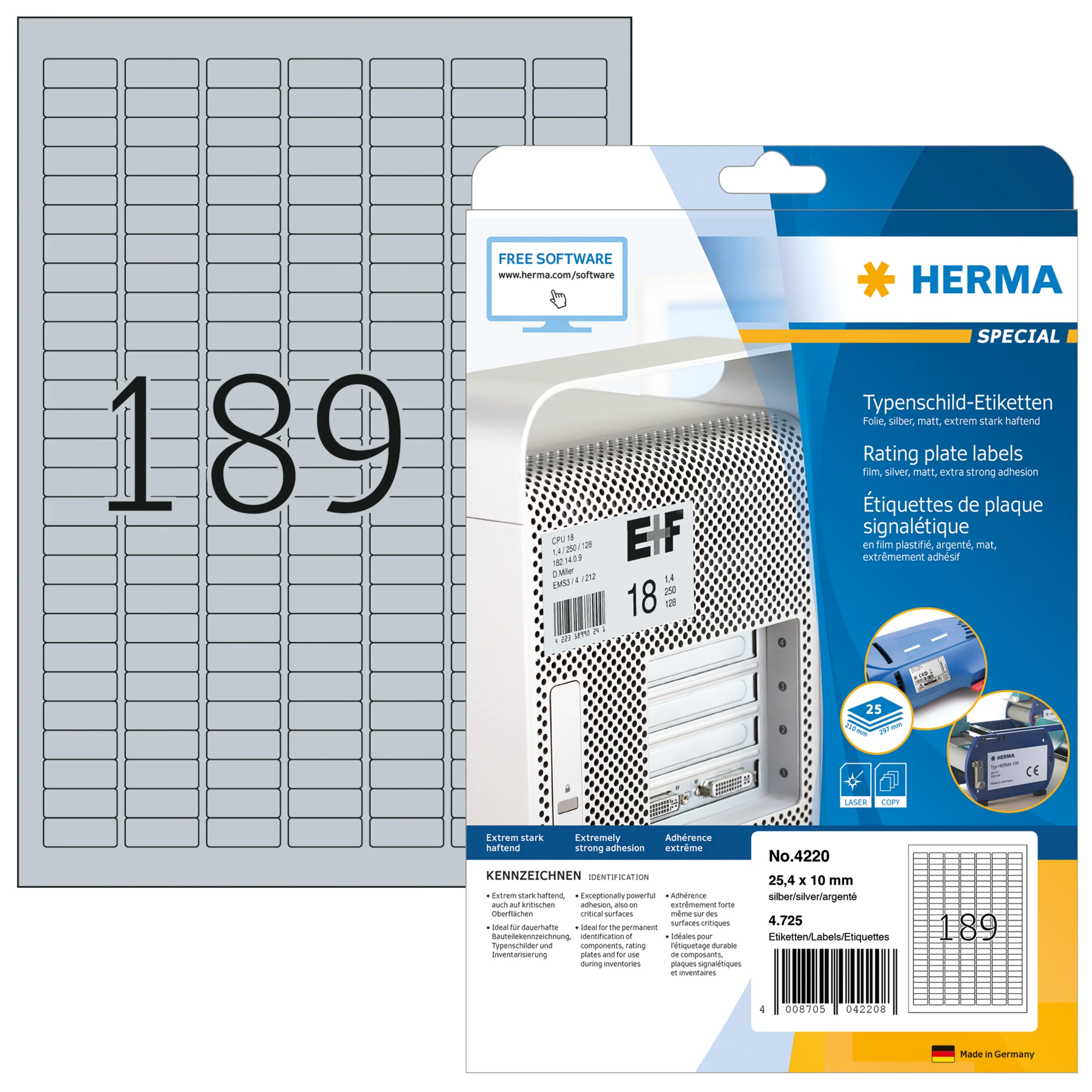 HERMA Typenschild-Etiketten SPECIAL, 25,4 x 10 mm, silber (EAN: 4008705042208)