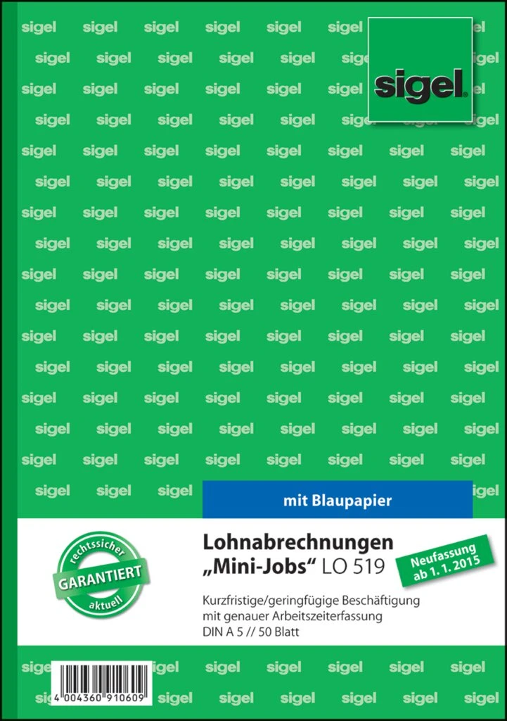 sigel Formularbuch "Lohnabrechnung für Mini-Jobs", A5 (EAN: 4004360910609)
