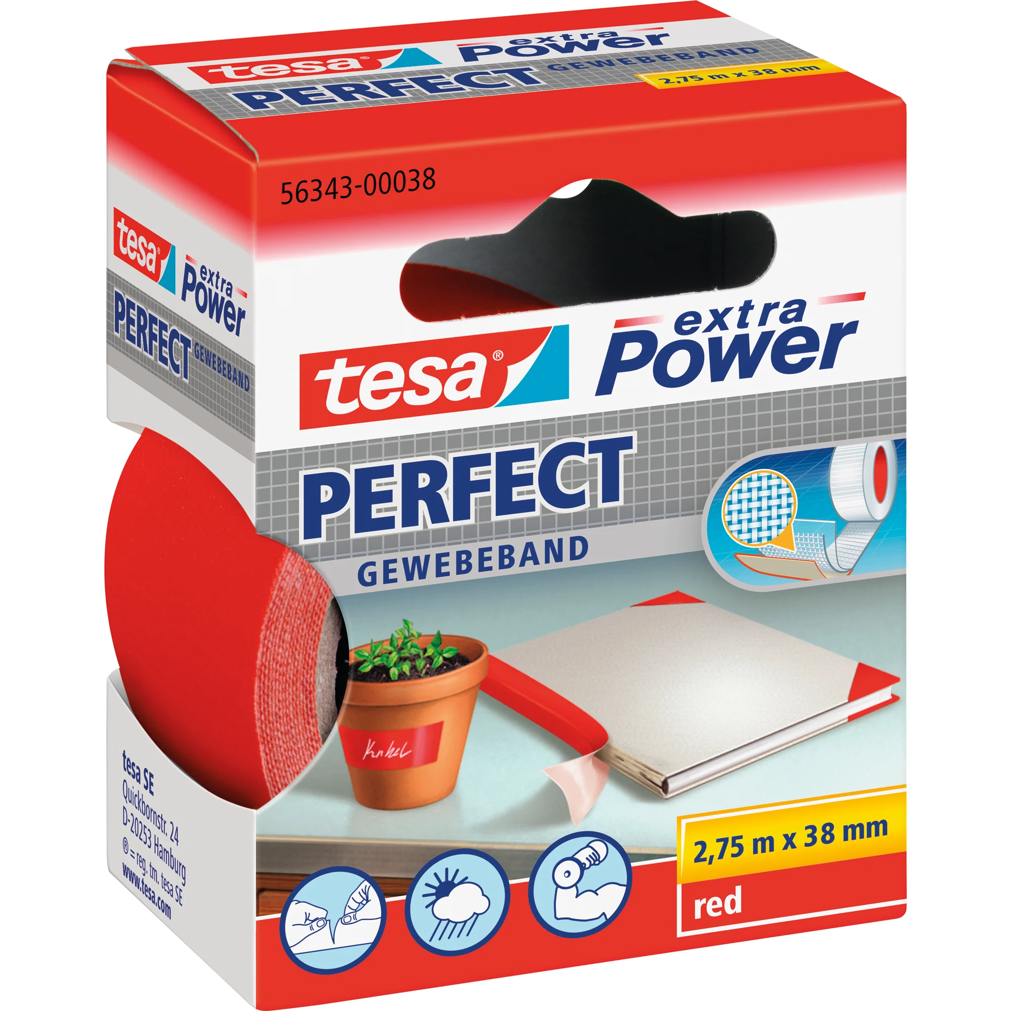 tesa Gewebeband extra Power PERFECT, 38 mm x 2,75 m, rot (EAN: 4042448044235)