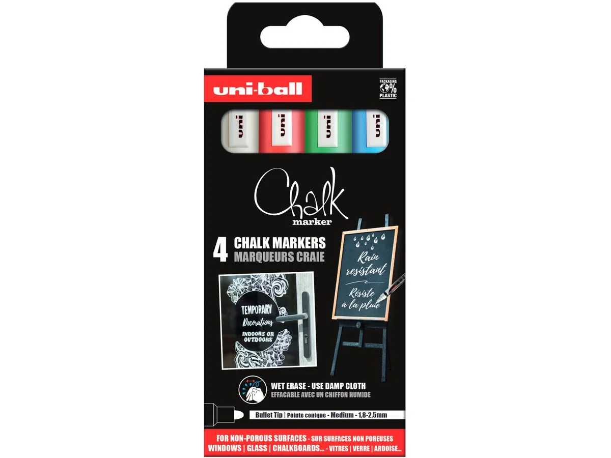 uni-ball Kreidemarker Chalk marker PWE5M/4 PF, 4er Etui, weiß, neongrün, rot, hellblau (EAN: 3296280046785)