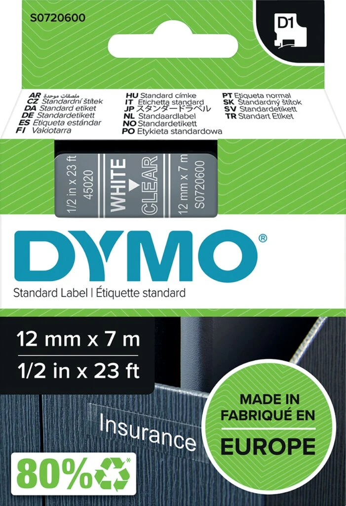 DYMO D1 Schriftbandkassette weiß/transparent, 12 mm x 7 m (EAN: 5411313450201)