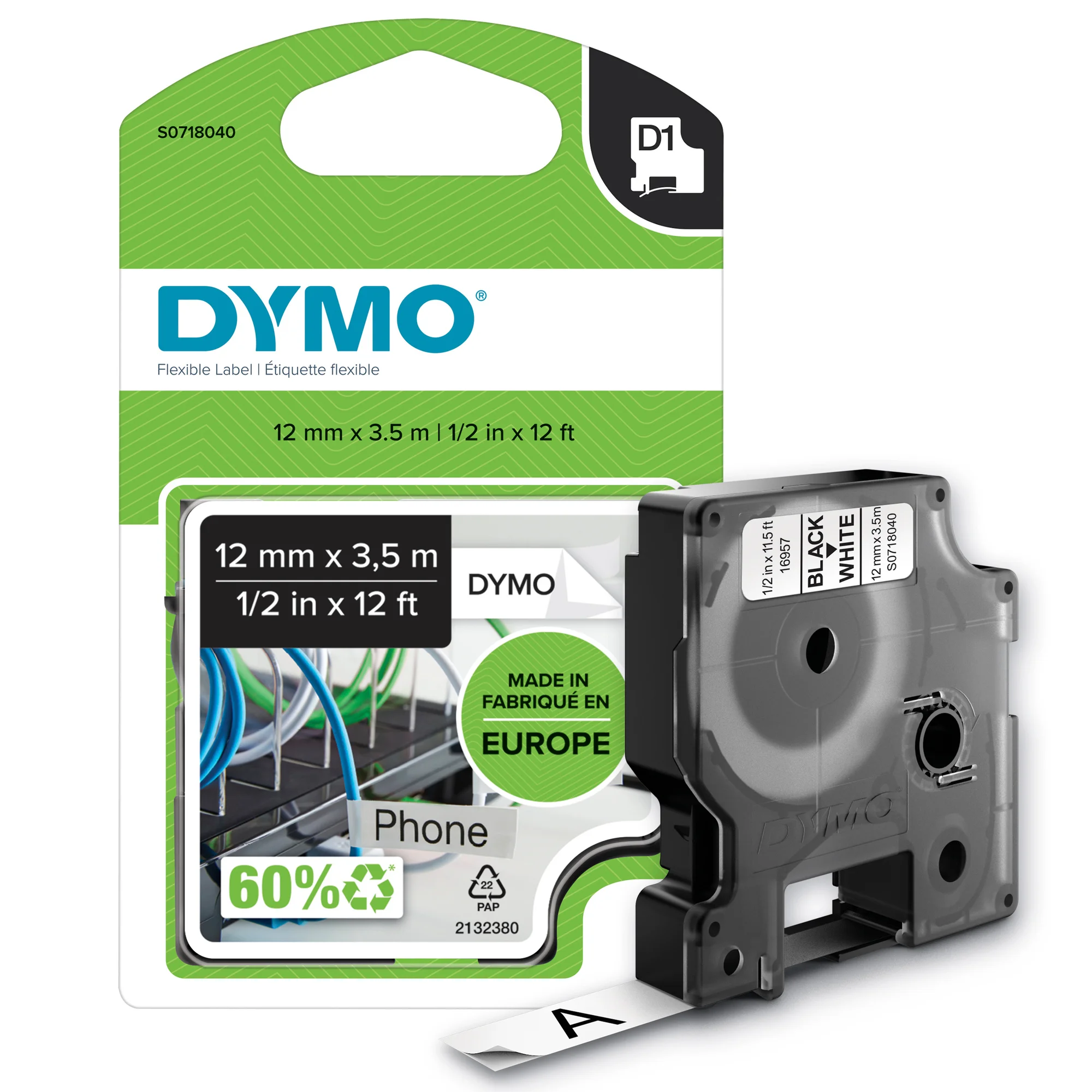 DYMO D1 Schriftbandkassette schwarz/weiß, 12 mm x 3,5 m (EAN: 5411313169578)