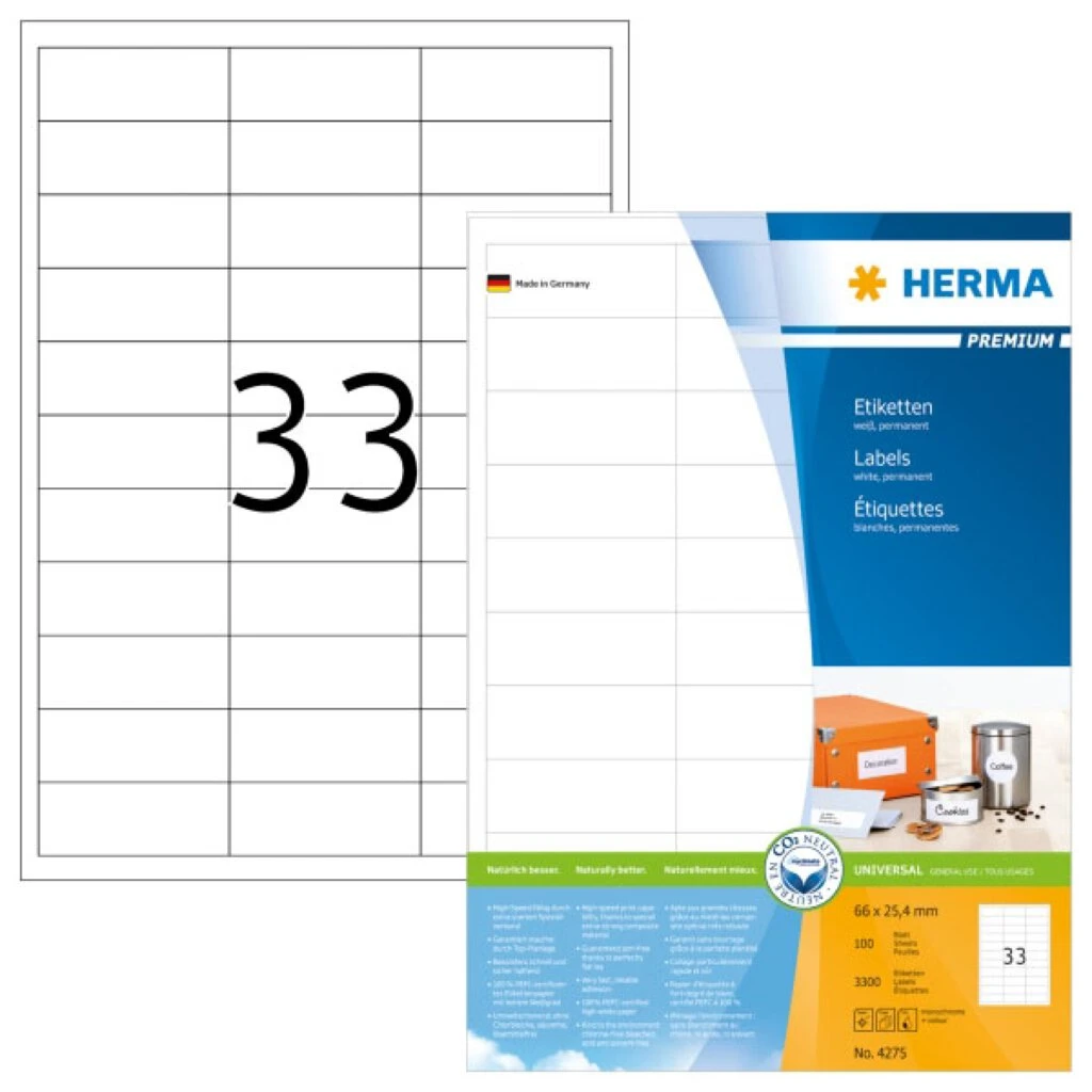 HERMA Universal-Etiketten PREMIUM, 66 x 25,4 mm, weiß (EAN: 4008705042758)