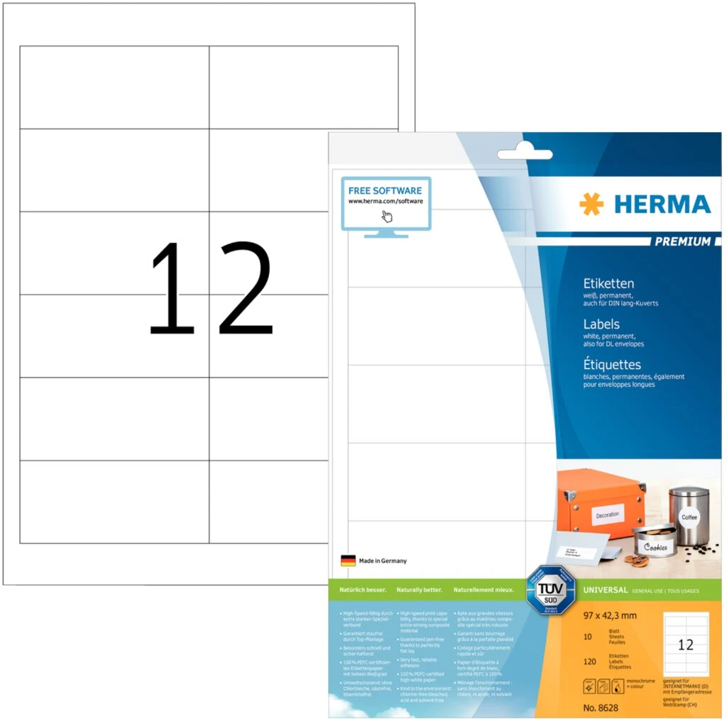HERMA Universal-Etiketten PREMIUM, 97,0 x 42,3 mm, weiß (EAN: 4008705086288)