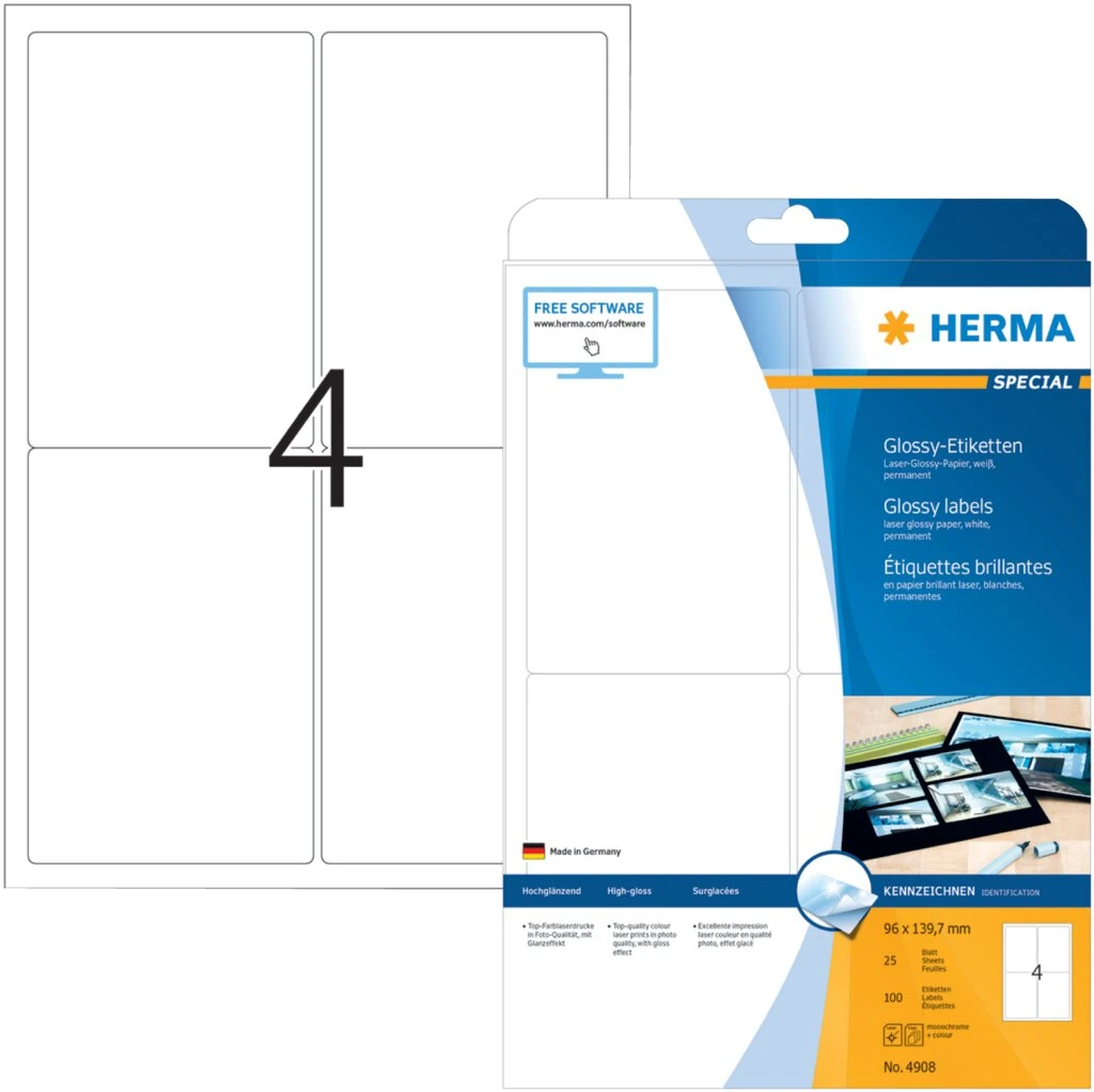 HERMA Hochglanz-Etiketten SPECIAL, 96,0 x 139,7 mm, weiß (EAN: 4008705049085)