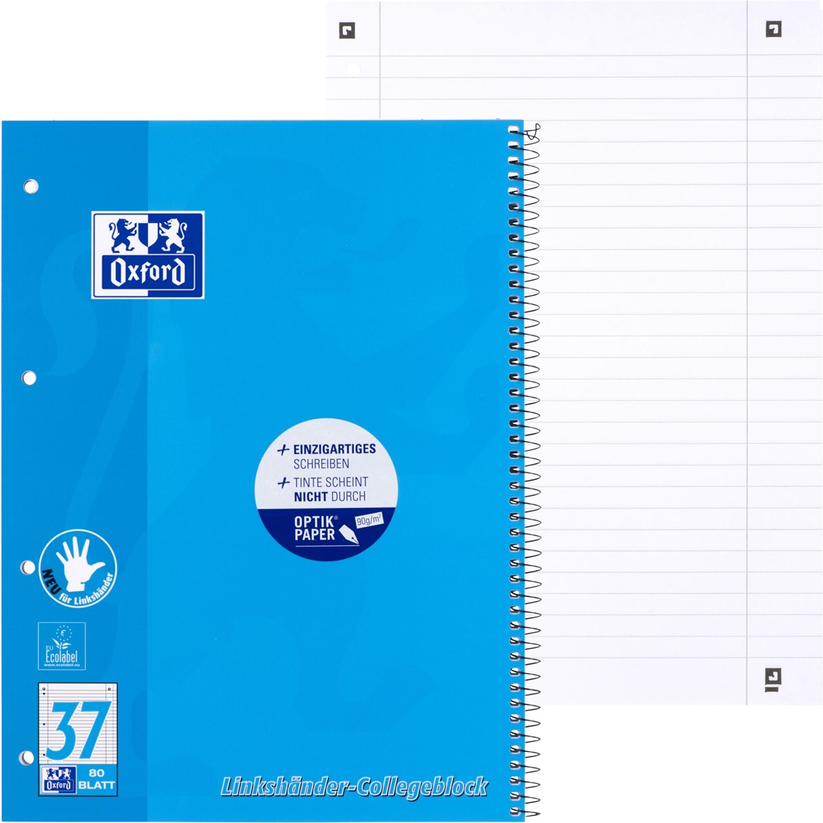 Oxford Linkshänder-Collegeblock, DIN A4+, liniert, 80 Blatt (EAN: 4006144949096)