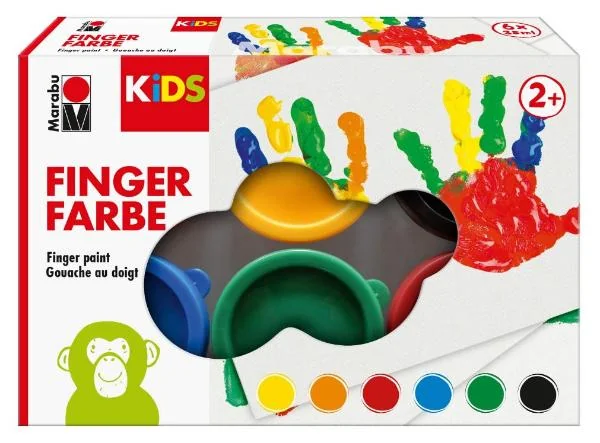 Marabu KIDS Fingerfarbe, 35 ml, 6er Set, farbig sortiert, gelb, rot, blau, grün, orange, schwarz (EAN: 4007751870087)