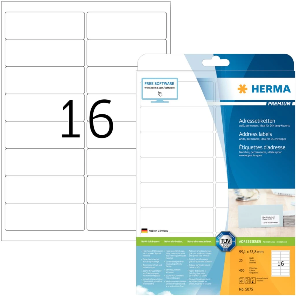 HERMA Universal-Etiketten PREMIUM, 99,1 x 33,8 mm, weiß (EAN: 4008705050753)
