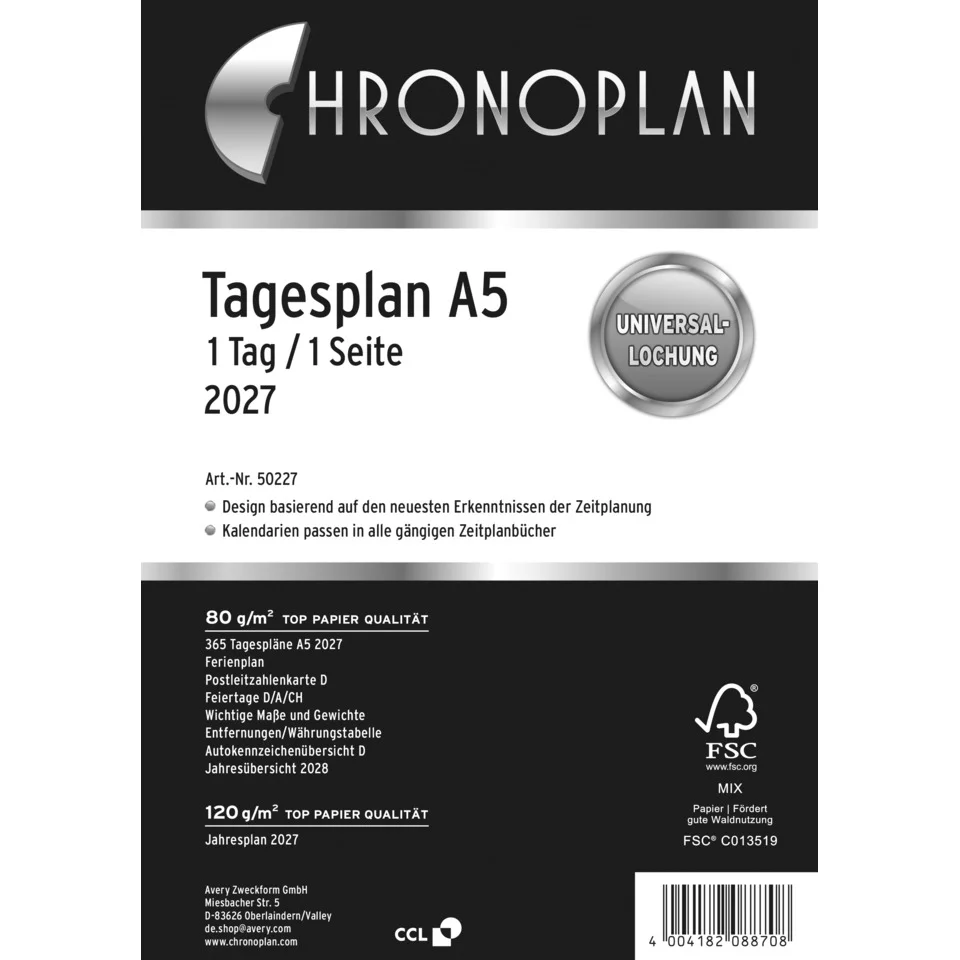 CHRONOPLAN Tagesplan 2027, 1 Tag/1 Seite, DIN A5 (EAN: 4004182088708)
