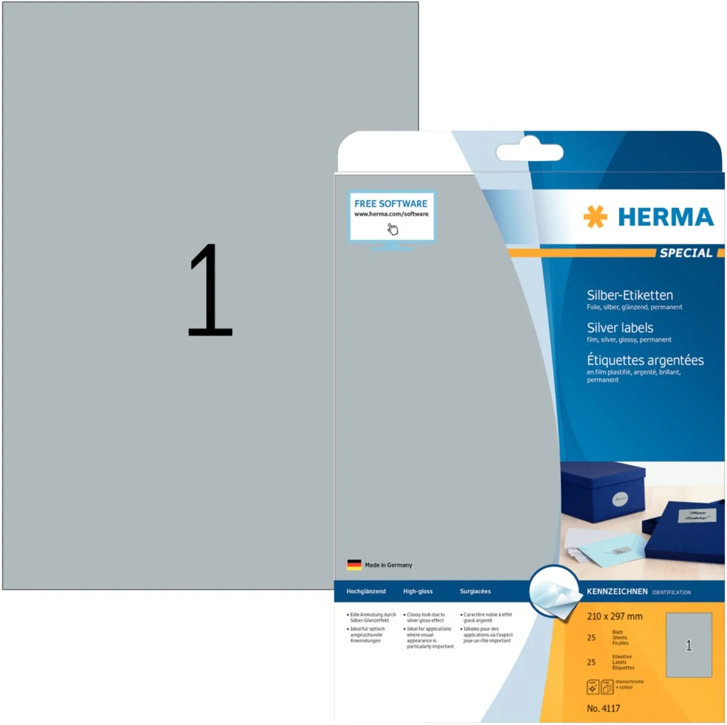 HERMA Silberfarbene Folien-Etiketten SPECIAL, 210 x 297 mm (EAN: 4008705041171)