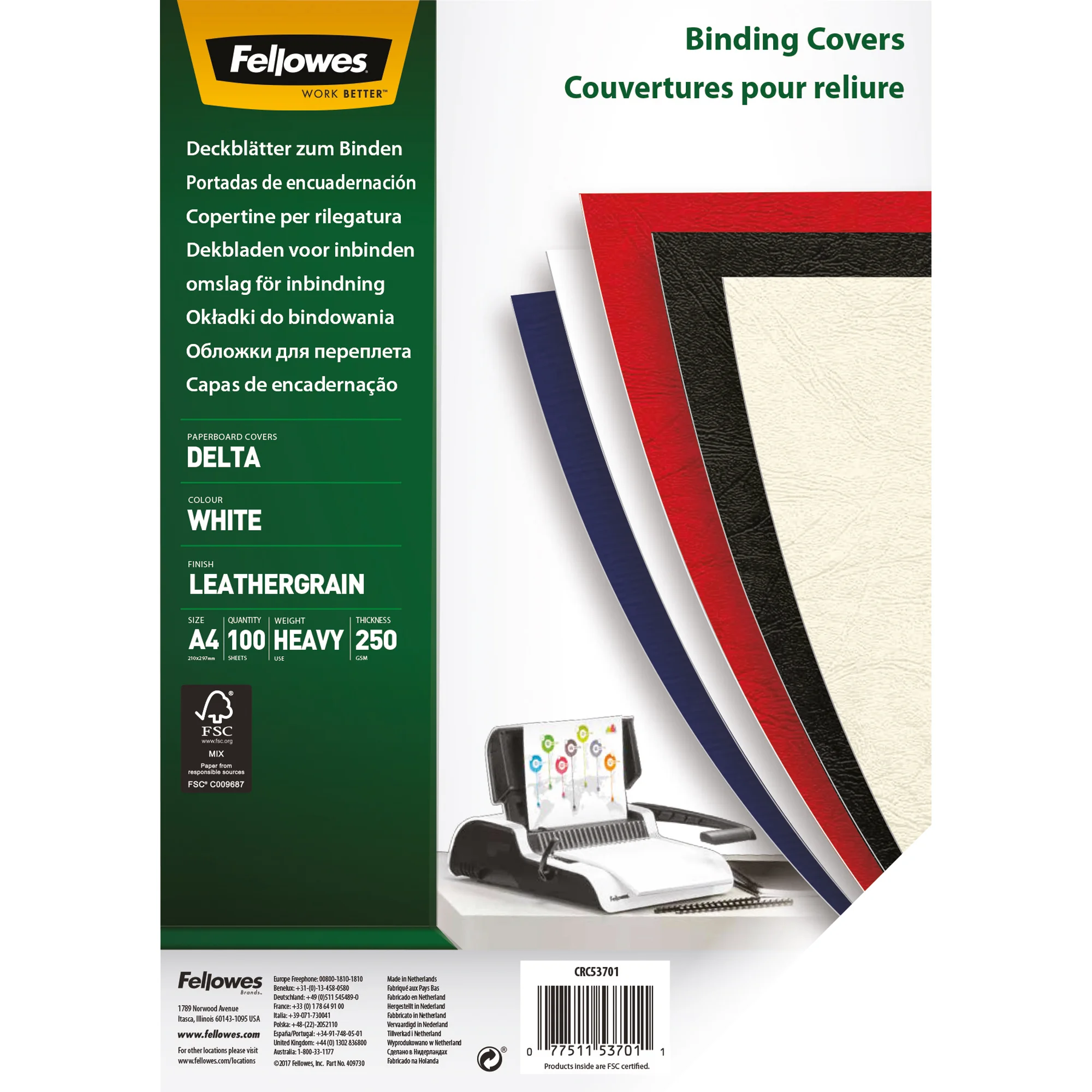 Fellowes Deckblatt Delta, Lederstruktur, DIN A4, weiß (EAN: 0077511537011)