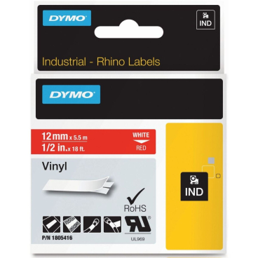 DYMO RHINO Vinyl-Schriftband weiß/rot, 12 mm x 5,5 m (EAN: 0071701059727)