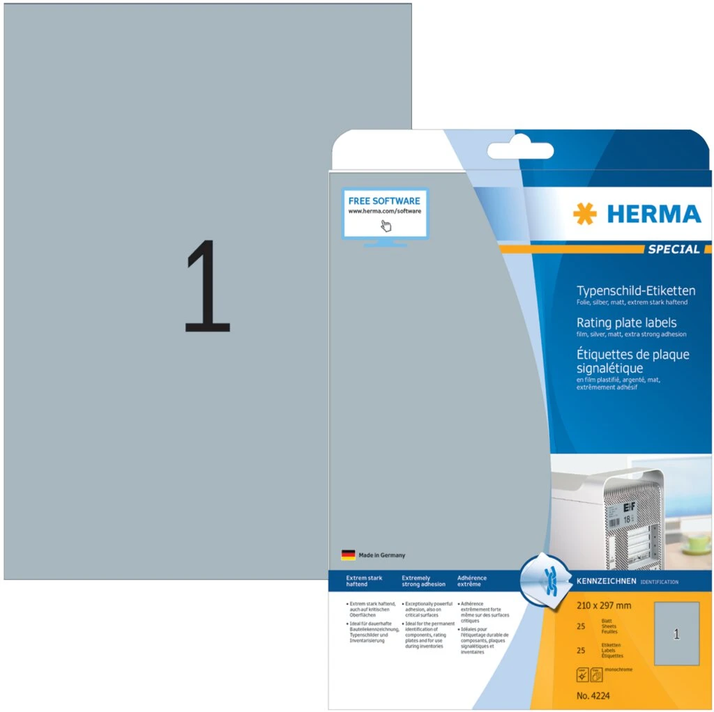 HERMA Typenschild-Etiketten SPECIAL, 210 x 297 mm, silber (EAN: 4008705042246)