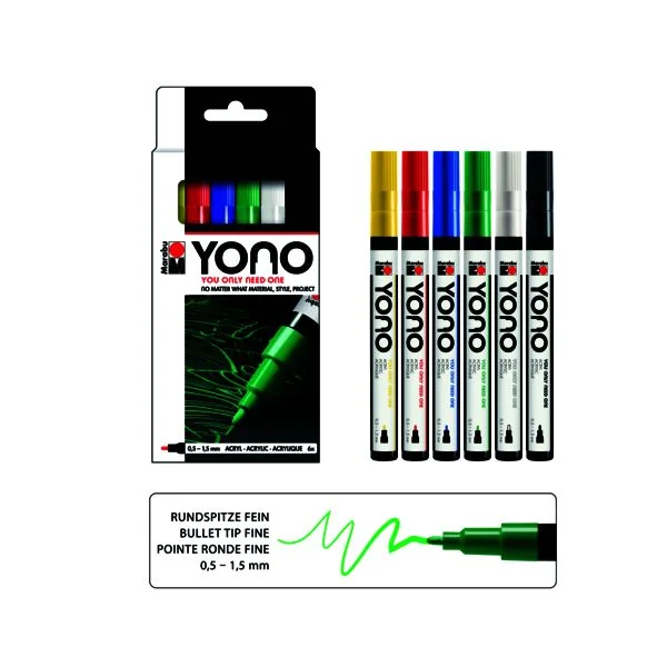 Marabu Acrylmarker "YONO", 0,5 - 1,5 mm, 6er Set, gelb, kirsche, dunkelblau, saftgrün, weiß und schwarz (EAN: 4007751848659)