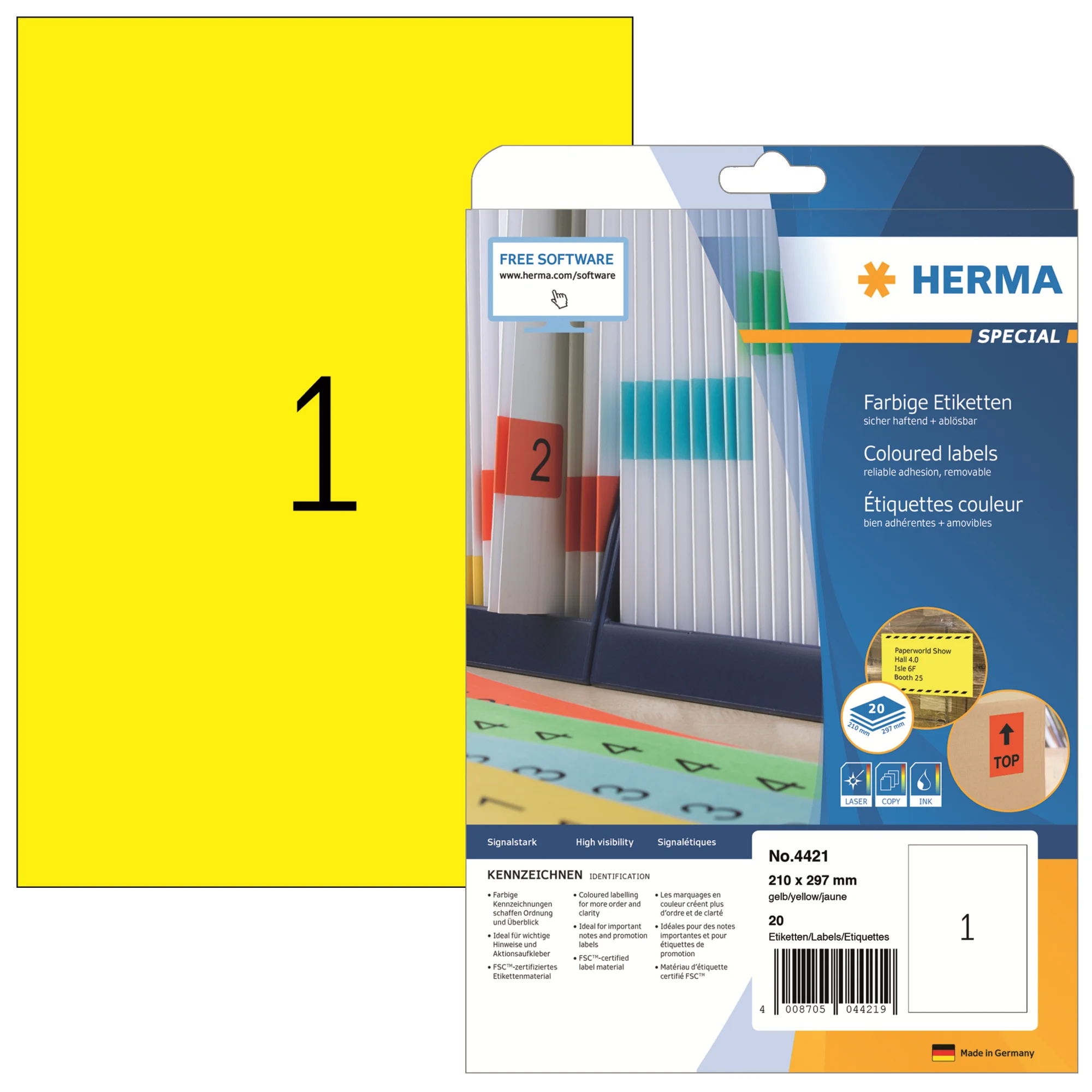HERMA Universal-Etiketten SPECIAL, 210 x 297 mm, gelb (EAN: 4008705044219)