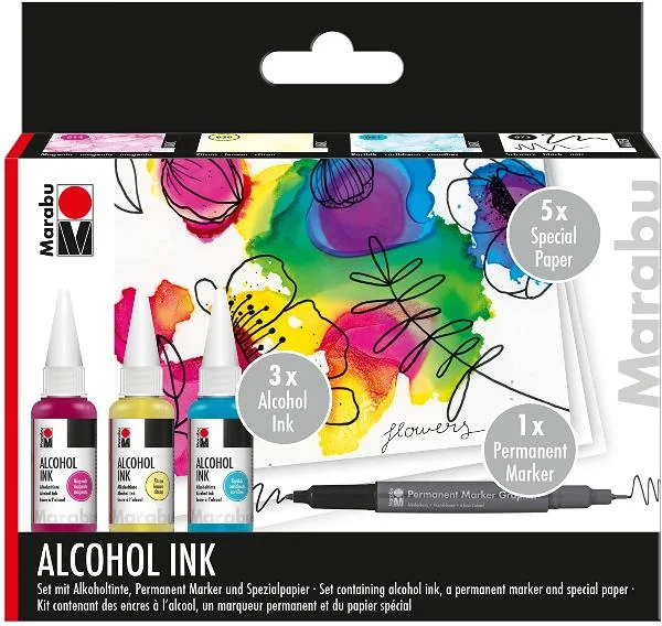 Marabu permanente Tinte Alcohol Ink-Set FLOWERS, magenta 014, zitron 020, karibik 091 (EAN: 4007751669995)