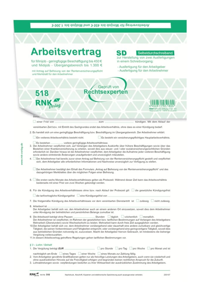 RNK Verlag Vordruck "Arbeitsvertrag Teilzeit-Beschäftigte" (EAN: 4002871051811)