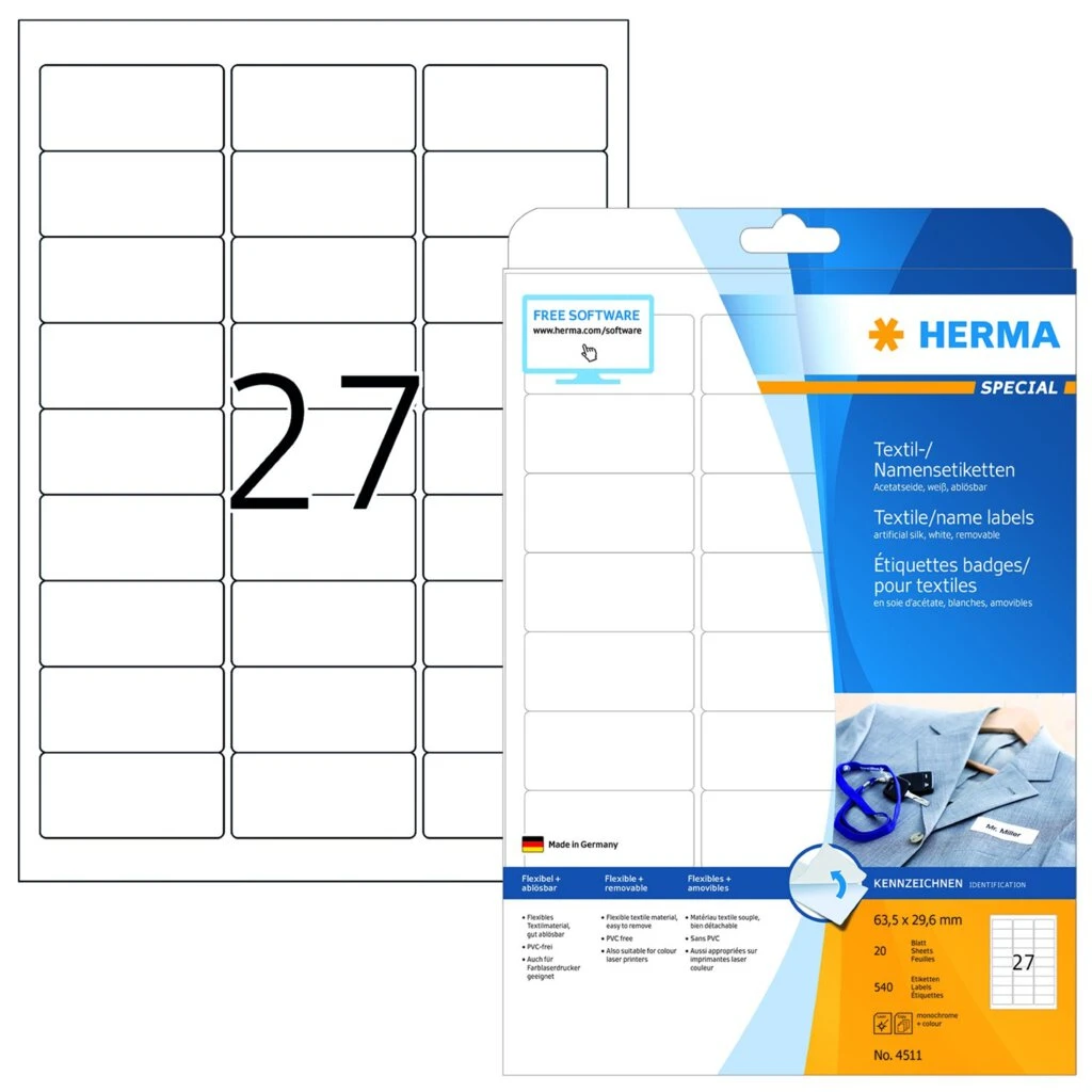 HERMA Textil-/Namensetiketten SPECIAL, 63,5 x 29,6 mm, weiß (EAN: 4008705045117)