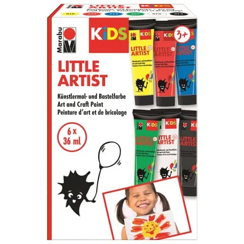 Marabu KiDS Bastelfarbe Little Artist, 36 ml, 6er Set, gelb, rot, blau, grün, weiß, schwarz (EAN: 4007751960900)