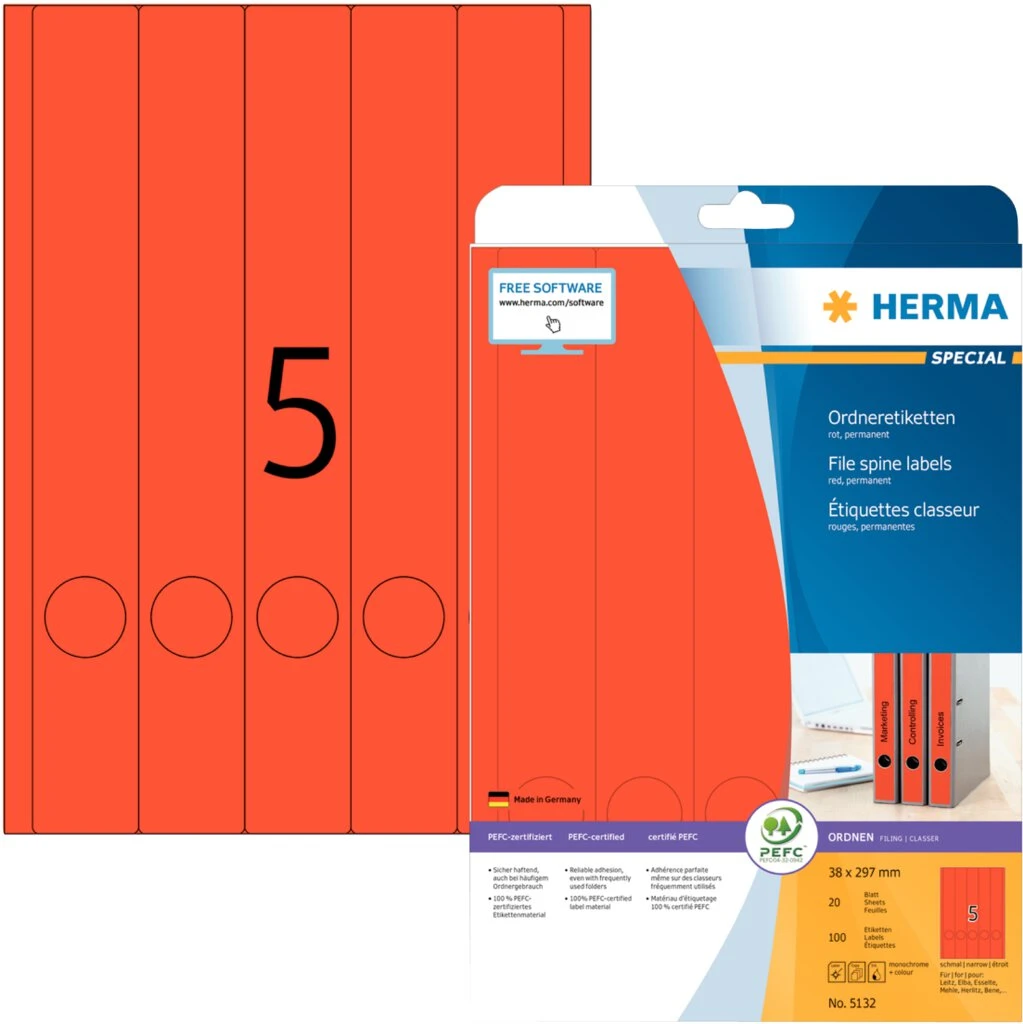 HERMA Ordnerrücken-Etiketten SPECIAL, 38 x 297 mm, rot (EAN: 4008705051323)
